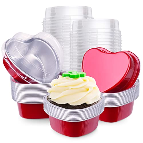 yeload 60 Stück herzförmige Kuchenformen mit Deckel, Aluminium-Mini-Kuchenformen, 100 ml Folie, Einweg-Flan-Pfanne, Cupcake-Dosen, Backform für Valentinstag, Muttertag, Party (rot, 60) von yeload