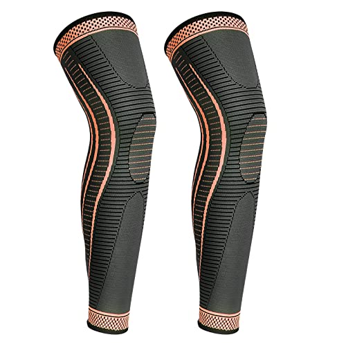 yeloumiss Kniebandage Lang 2 Stück Kniestütze Kompressions Knieschützer mit Rutschfestem Silikon Atmungsaktiv Knieorthese für Männer Damen für Sport Laufen ACL Arthritis (Orange, L) von yeloumiss