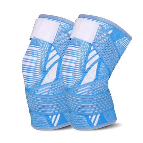 Kniebandage für Damen Männer 2 Stück Kniestütze mit Verstellbaren Trägern und Anti Rutsch Silikon für Sport, Laufen, Arthritis, Gelenkschmerzen, Bandverletzung, Meniskusriss, Tendonitis (L, Hellblau) von yeloumiss