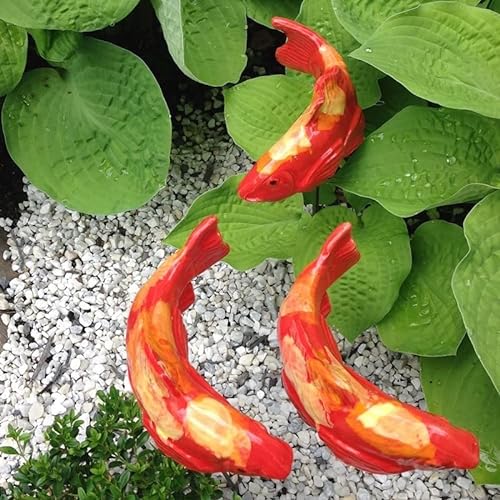 Fisch im Garten, Keramik-Garten-Koi, Garten-Koi-Harz-Handwerk, Koi-Fisch-Statue im Freien, Skulptur für Garten-Rasen-Teich-Verzierung im Freien (3 Pcs Red) von yijian