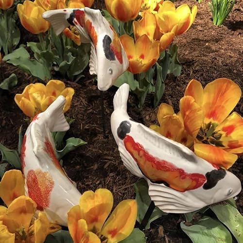 Fisch im Garten, Keramik-Garten-Koi, Garten-Koi-Harz-Handwerk, Koi-Fisch-Statue im Freien, Skulptur für Garten-Rasen-Teich-Verzierung im Freien (3 Pcs White) von yijian