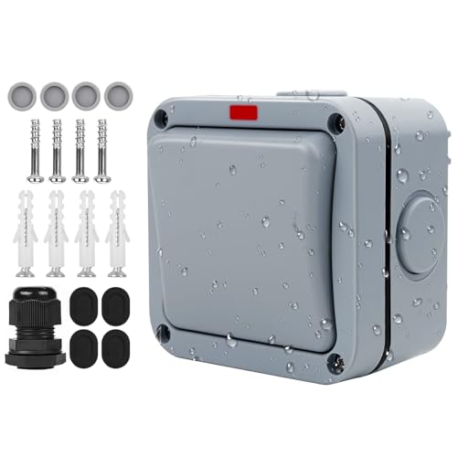 yivom Lichtschalter Außen, Schalter Wasserdicht mit Staub Unabhängigem Schalter Und, Kontrollleuchte Schalter ip66 20A Wetterfester Schalter für Outdoor, Garten, Balk, Terrasse-Grau von yivom