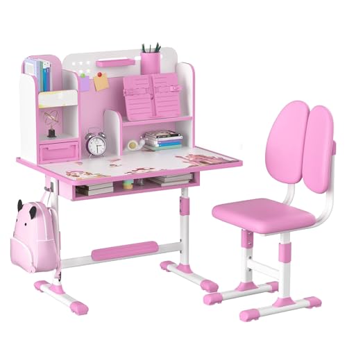 ymtiolze Kinder Tisch Stuhl Set, kinderschreibtisch höhenverstellbar, Kinder Schreibtisch für Jungs & Mädchen, Schreibtisch Set für Kinder mit Stuhl und Schublade Rosa von ymtiolze