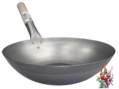 yoaxia ® - [ Wok Ø 30 cm Flacher Boden ] Asiatische Eisenpfanne/Küchen Wok/Pfanne + EIN kleines Glückspüppchen - Holzpüppchen von yoaxia Marke