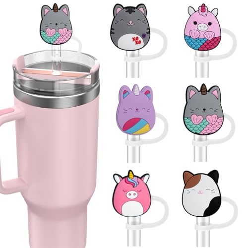 Yomanta 6 Stück Stanley Cup Zubehör für 10mm Strohhalm - Staubdichte Silikonabdeckung - Rosa Katze von yomanta
