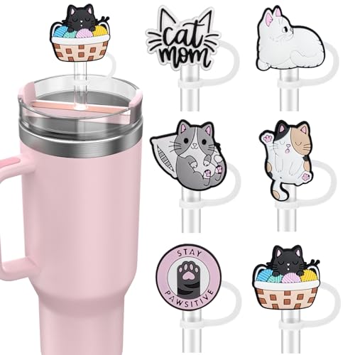 yomanta 6 Stück Stanley Cup Zubehör für 10mm stanley cup strohhalm abdeckung, stanley strohhalm abdeckung Staubdichte Silikonmaterial, Stanley cup abdeckung-Katze von yomanta