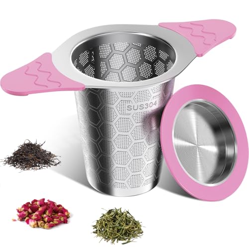 yomanta teesieb für losen tee mit Deckel, Breiter Griff mit hitzebeständigem Silikon, 304 Edelstahl Teesieb für Teekannen/Tassen-rosa von yomanta