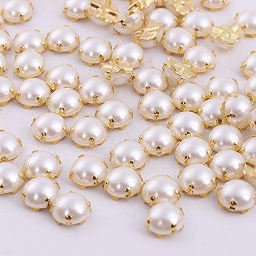 200 Stück Nähperlen Strasssteine zum Aufnähen mit silberner Kralle, flache Rückseite, halbrunde Perlen für Bastelkleidung (Goldkralle, 5 mm) von yongpan