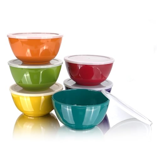 yongzhenlite Set of 6 Melamine 28oz Salad Bowls Set,6 inch Round Soup Bowls,100% Melamine Dinnerware sets for Dinner or Picnic Party,Break-resistant and BPA Free,Multicolor (With cover) von yongzhenlite