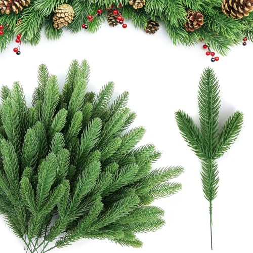 yosiio 50 Stück Tannenzweige Künstlich wie Echt，24cm Künstliche Tannenzweige Deko Kunststoff Kiefernblätter Gefälschte Kiefernnadel DIY Zubehör für DIY Girlande Kranz Weihnacht Home Garden Decor von yosiio