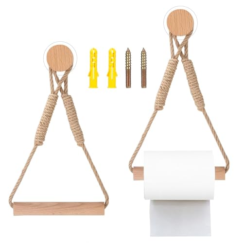 yotutun 2 Stück Toilettenpapierhalter, Ohne Bohren Klopapierhalter Klopapierrollenhalter Handtuchhalter WC Papier Halterung Holz Klorollenhalter Set, Geeignet für Badezimmer von yotutun