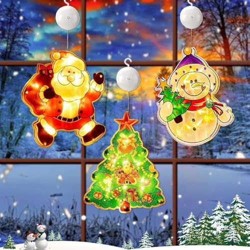 yotutun 3 Stück Weihnachtsbeleuchtung LED Fensterdeko Weihnachten mit Saugnapf Lichter Schneemann Weihnachtsmann Weihnachtsbaum für Fenster Party Balkon Hochzeit Deko - Warmweiß von yotutun