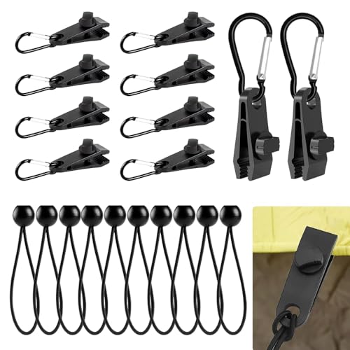 yotutun 30 Stück Tarp Clips Set, 10 Planenclips + 10 Spanngummi mit Kugel + 10 Karabiner Clips Zeltplane Clips Planenspanner Planenbefestigung für Zelt Camping Vorzelt Hängematte Sonnensegel von yotutun