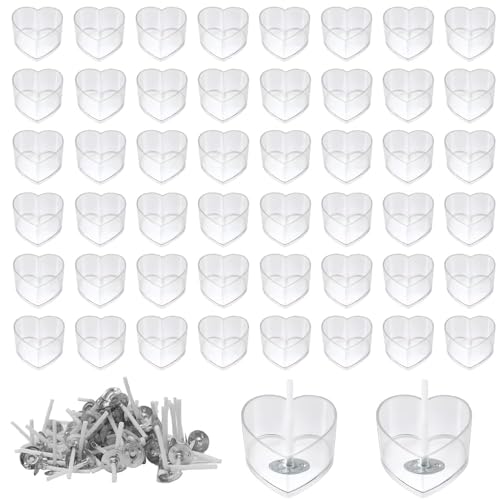 yotutun 50 Stück Leere Kerzen Gläser aus Kunststoff Candles, Klarem Kerzengläser DIY Kerzen Selber Machen Set Transparente Teelichthüllen Leer für Hochzeiten Valentinstag (Herzförmige, 100 Dochte) von yotutun