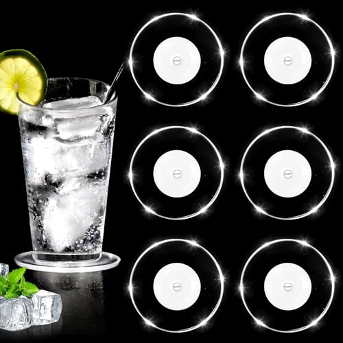 yotutun 6 Stück Kühle Weiß LED Untersetzer Leuchtende, LED Untersetzer für Getränke Wasserdicht ON/Off Taste Untersetzer Set Acryl Leuchtuntersetzer Rund für Partys Hochzeiten Hochzeiten Bar von yotutun