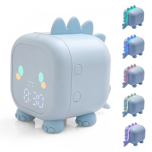 yotutun Kinder Lichtwecker, Dinosaurier Kinderwecker Digitaluhr mit Nachtlicht/Timer Snooze -Funktion/2 Alarms/6 Klingeltöne/einstellbare (blau) von yotutun