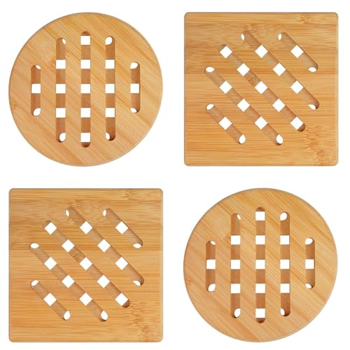 yotutun Topfuntersetzer, 4 Stück Untersetzer Topf Topfuntersetzer Hitzebeständig Natürliche Quadratisch und Rund Topfuntersetzer Holz Topf Untersetzer Set für Küche Schüssel Töpfe Teller (15 cm) von yotutun