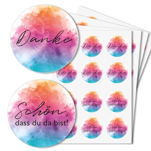 younikat 48 Aufkleber im bunten Aquarell-Design I Ø 4 cmI 24x Danke und 24x Schön, daß du da bist I Bunt Regenbogen I dv1276 von younikat