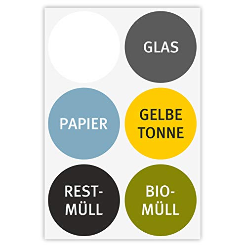 younikat 6 bunte Mülleimer-Aufkleber zur Mülltrennung I Sticker-Set rund für Alt-Glas Papier gelbe Tonne Restmüll Biomüll und blanko Etikett I hin304 von younikat