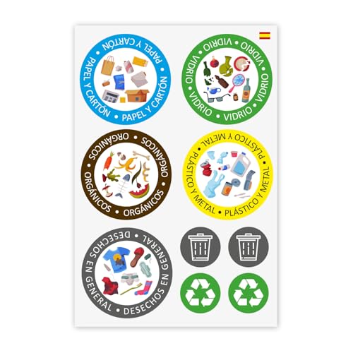 younikat 9 kreisförmige Mülleimer-Aufkleber spanisch zur Mülltrennung I Abfall Recycling I Sticker-Set I you0010 von younikat