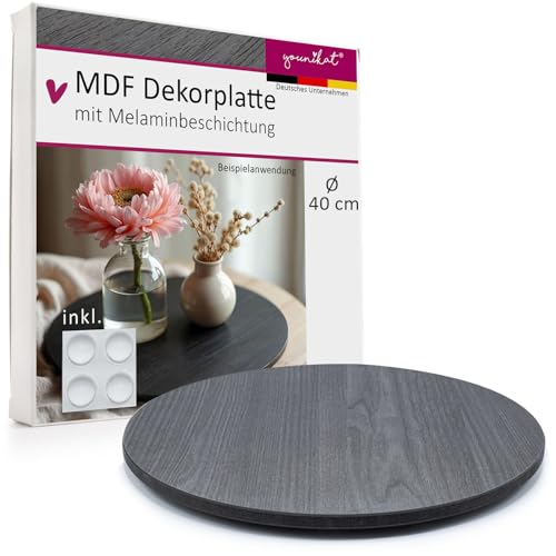 younikat Dekotablett I Dekoplatte I 40 cm I rund I Stärke: 10 mm I schwarz Ash I Melaminbeschichtung beidseitig I inkl. Gummifüße I you0116 von younikat