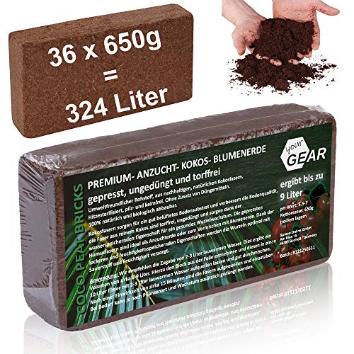 yourGEAR feinkörnige Kokoserde 324 L - 36x650g gepresste Blumenerde nachhaltige Aussaaterde aus Kokosfasern 100% Bio ungedüngt torffrei von your GEAR