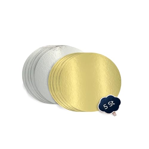 KITCHENDREAM Cake Board Set, Tortenunterlage, Gold und Silber, 3 mm dicke Pappe, zum Servieren, Transportieren und Stapeln von Torten und Kuchen, Lebensmittelechte Beschichtung, 5 Stk. x 20cm von KITCHENDREAM