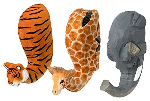 Wandhaken Safari Family Tierköpfe - Garderobenhaken aus Holz 3er-Set Elefant, Giraffe, Tiger, 13 x 10 x x 5 cm von your castle
