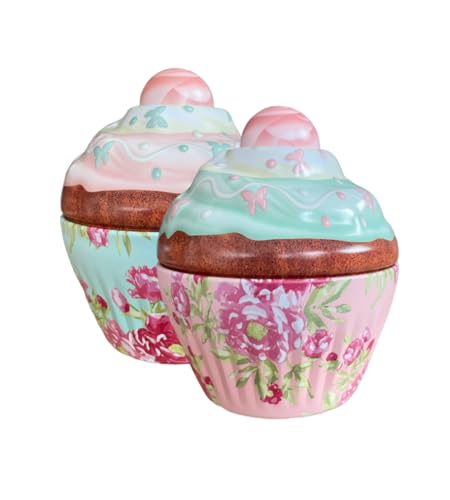 your castle 2er Set Blechdose in Form eines Cup Cakes, rosa und türkis, süß verzierter Deckel mit Blumen, Maße: 8x8 cm, Volumen: 120 ml von your castle