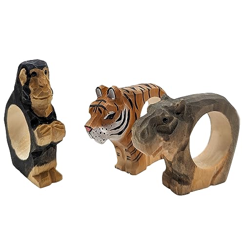 your castle Serviettenringe|Handgeschnitzt|Tierdesign - Tiger, AFFE, Nilpferd|3er-Set|aus Holz|Handbemalt|Vielseitig einsetzbar|mit Standfestem Boden|8x6x2 cm von your castle