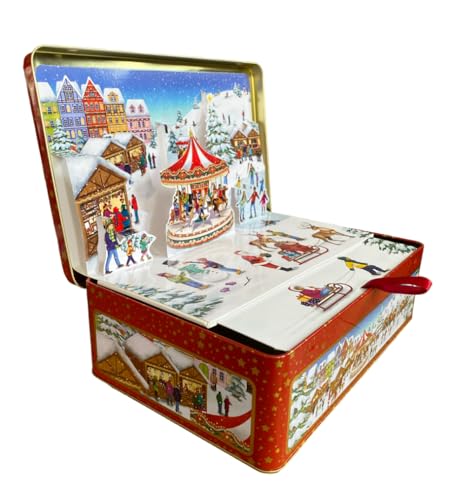 your castle Blechdose Große Pop-Up Dose Weihnachtsmarkt für Weihnachtskekse Schokolade-Pralinen Aufbewahrung, Volumen: 3.8 l, Maße: 28 x 18 x 8 cm von your castle