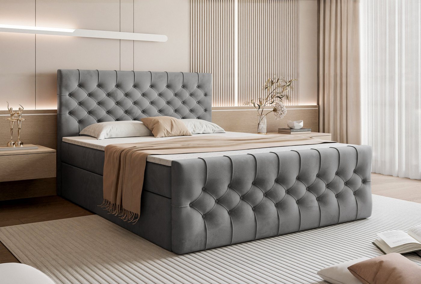 yourhouse24 Boxspringbett Kemer inkl. zwei Bettkästen & Topper (Boxspring-Unterbau mit 2 Bettkästen, Kopfteil, Topper), Samtig-weicher Matt-Velvet-Stoff, Elegante Steppungen von yourhouse24