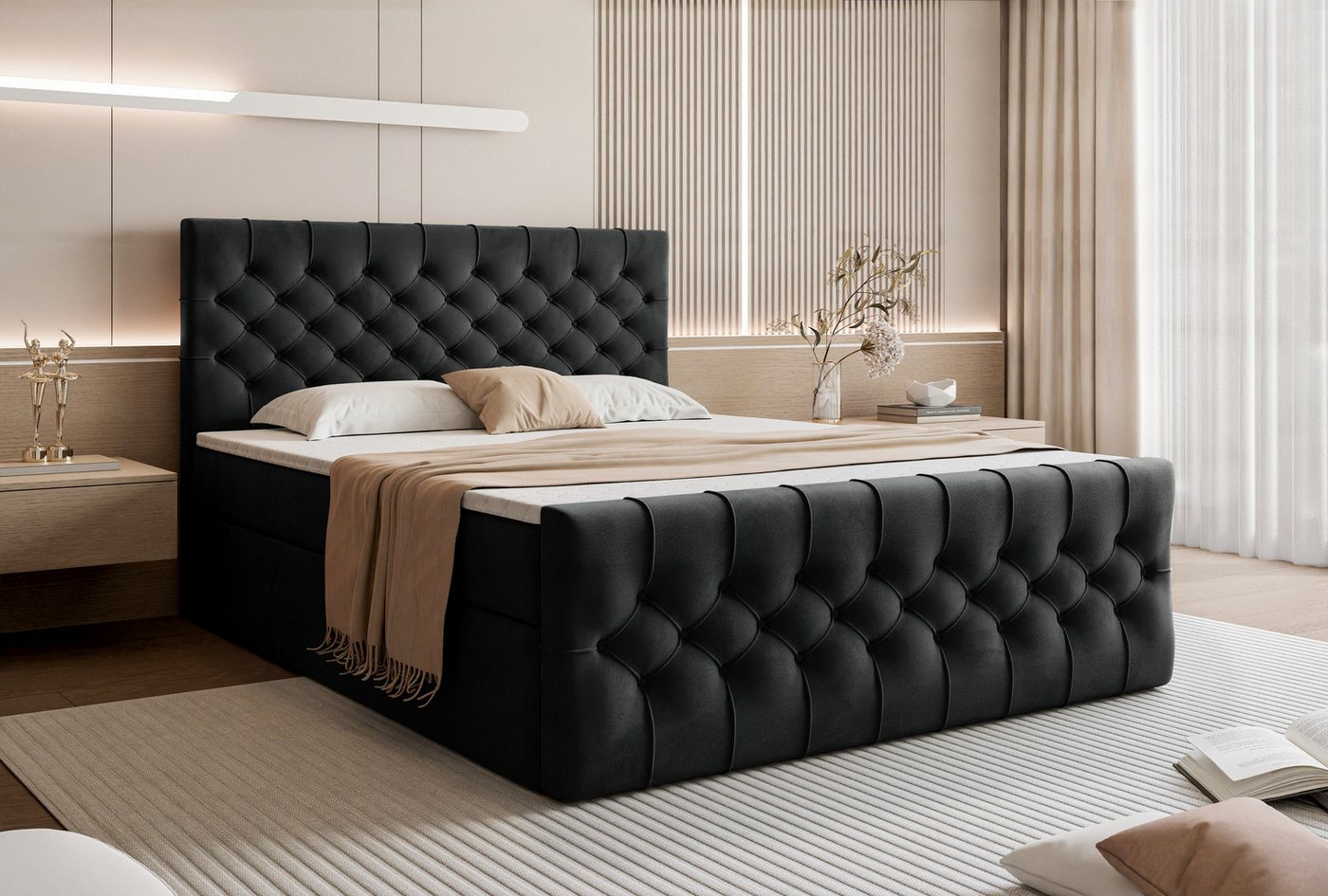 yourhouse24 Boxspringbett Kemer inkl. zwei Bettkästen & Topper (Boxspring-Unterbau mit 2 Bettkästen, Kopfteil, Topper), Samtig-weicher Matt-Velvet-Stoff, Elegante Steppungen von yourhouse24