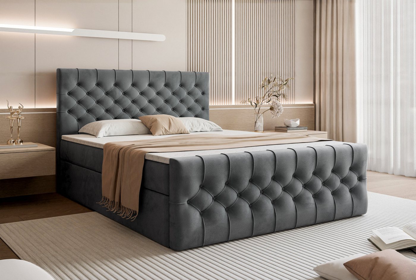 yourhouse24 Boxspringbett Kemer inkl. zwei Bettkästen & Topper (Boxspring-Unterbau mit 2 Bettkästen, Kopfteil, Topper), Samtig-weicher Matt-Velvet-Stoff, Elegante Steppungen von yourhouse24