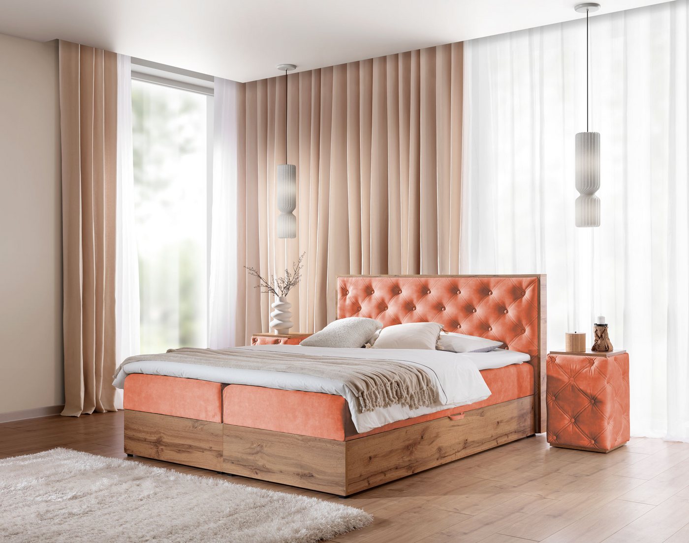 yourhouse24 Boxspringbett WOOD X Hotelbett Mit Zwei Bettkasten Kontinentales Bett Eiche von yourhouse24