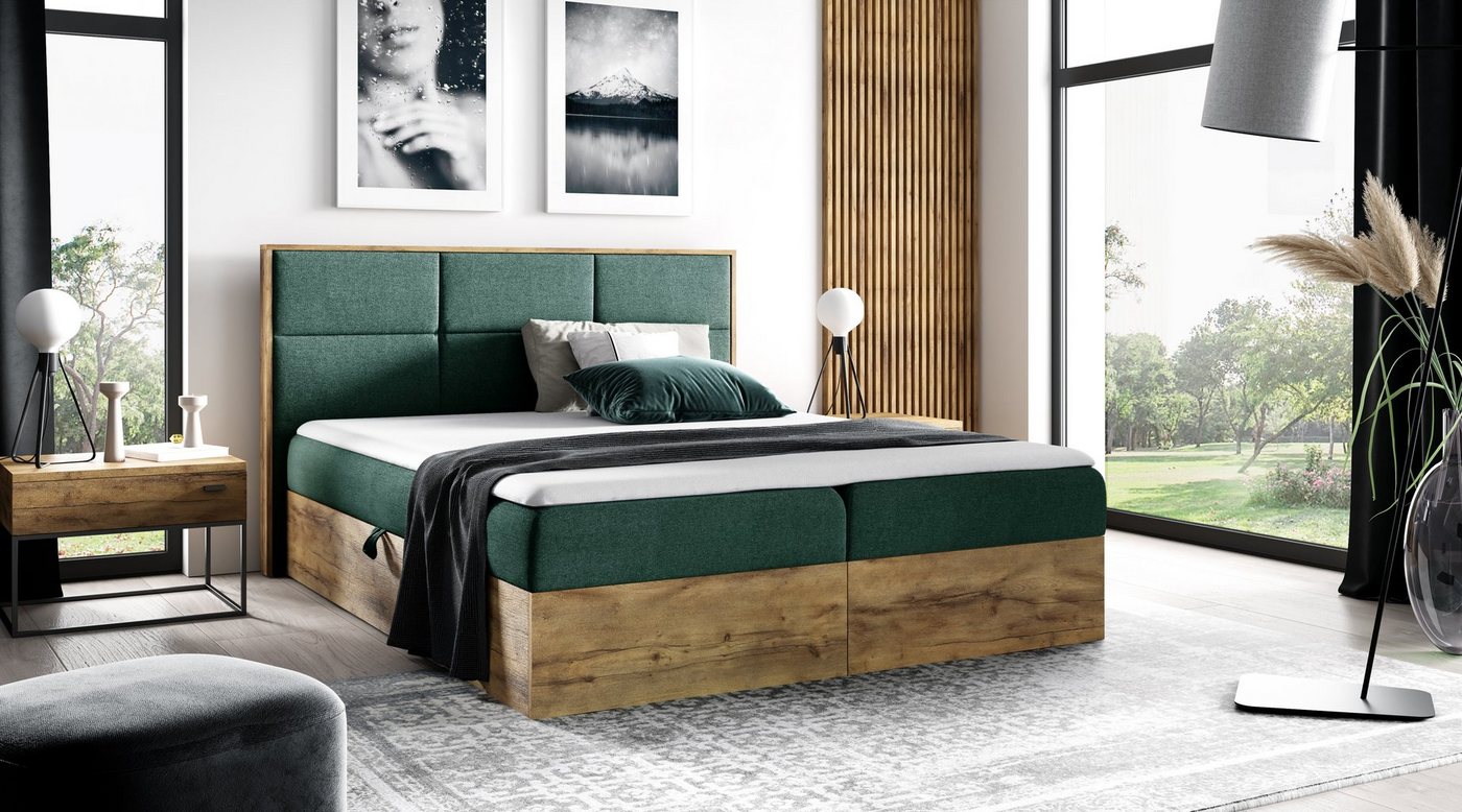 yourhouse24 Boxspringbett Wood II mit 2 Bettkästen, Doppelbett mit Bonell-Matratze + Topper von yourhouse24