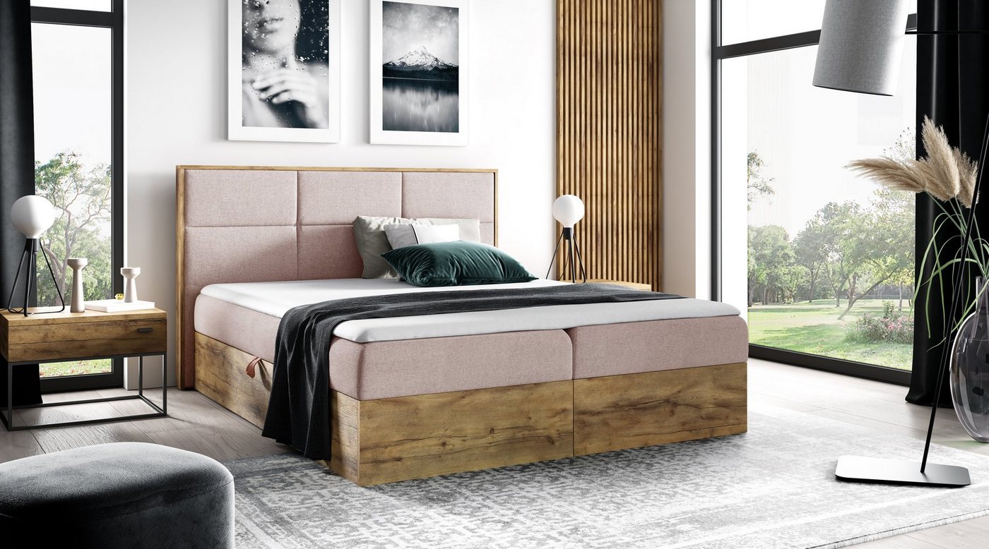 yourhouse24 Boxspringbett Wood II mit 2 Bettkästen, Doppelbett mit Bonell-Matratze + Topper von yourhouse24