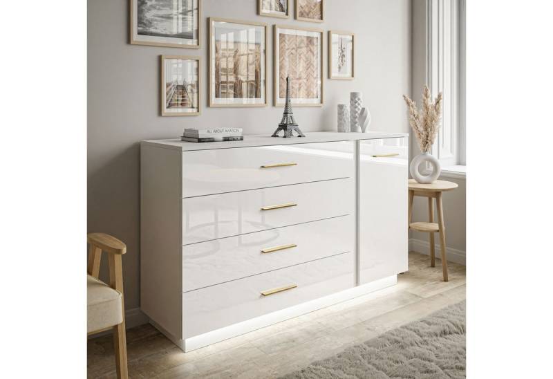 yourhouse24 Kommode LUNA II Sideboard Weiß Hochglanz Push-Open Chrom Griffe LED von yourhouse24