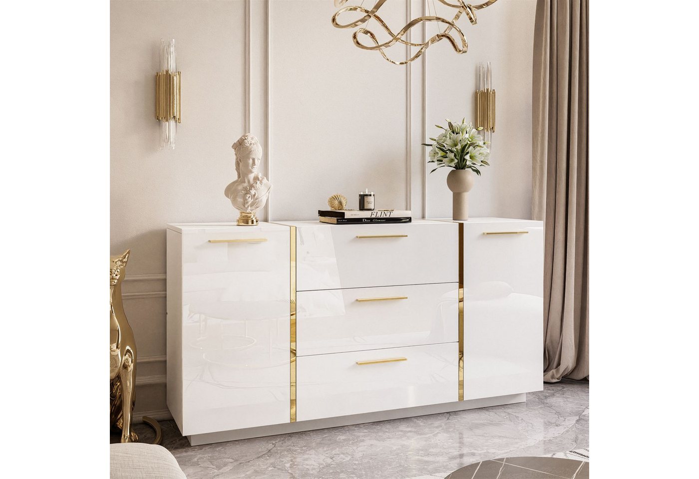 yourhouse24 Kommode ONYX Sideboard Hochglanz Push-Open / Goldgriffe 158 cm von yourhouse24