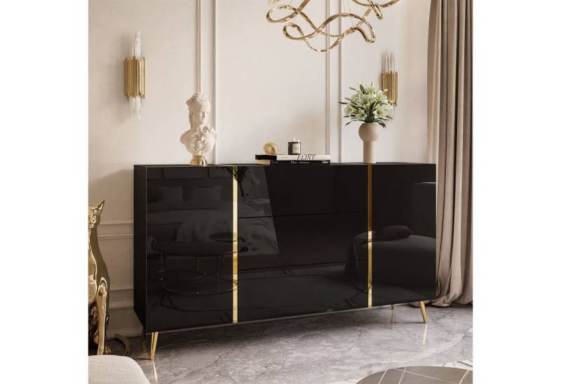 yourhouse24 Kommode ONYX goldenen Beinen Sideboard Hochglanz Push-Open / Goldgriffe 158 cm von yourhouse24