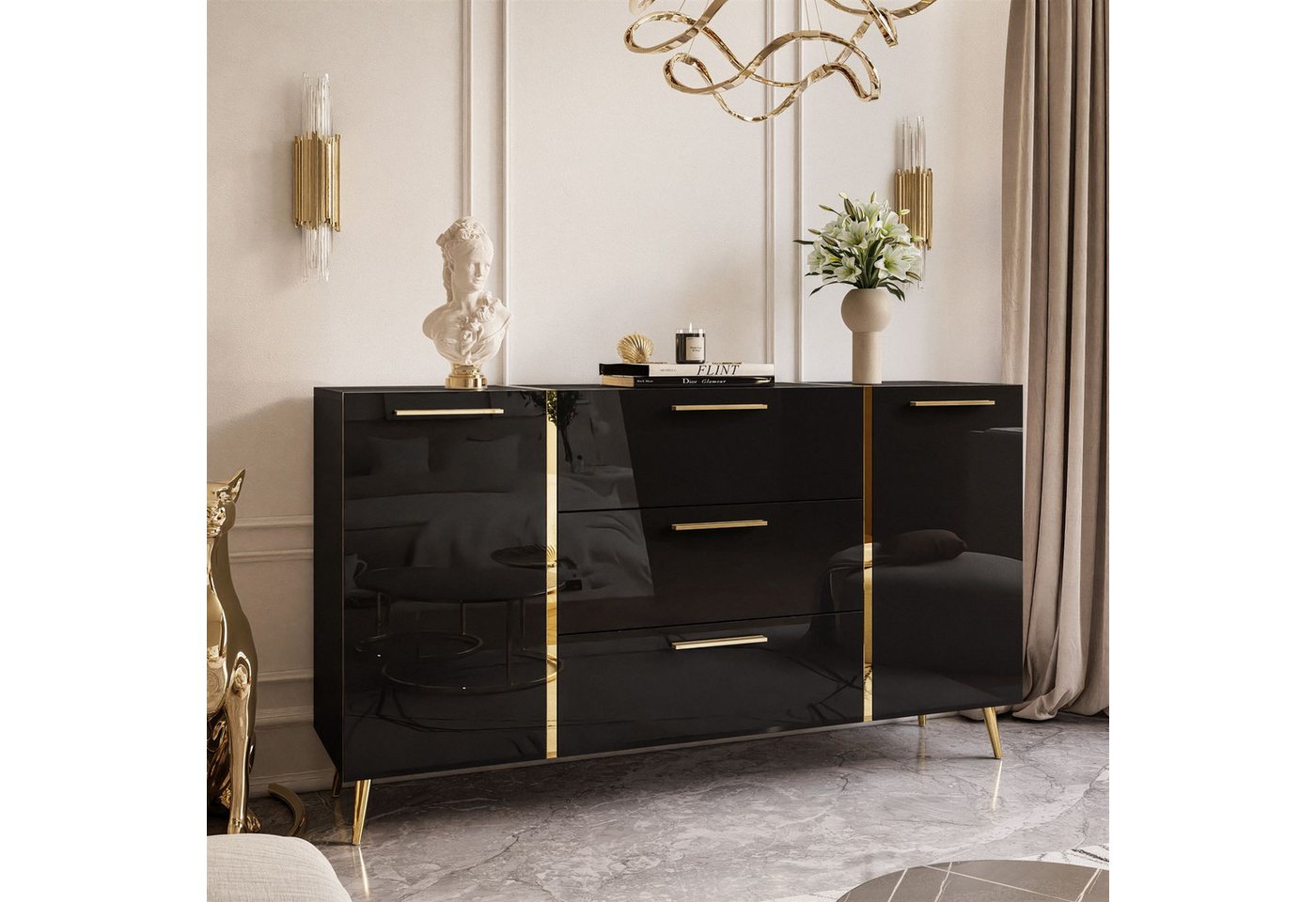 yourhouse24 Kommode ONYX goldenen Beinen Sideboard Hochglanz Push-Open / Goldgriffe 158 cm von yourhouse24