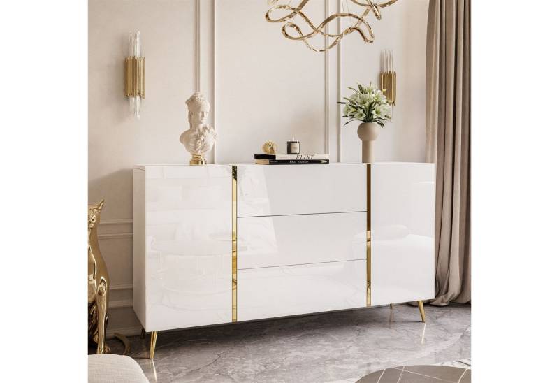 yourhouse24 Kommode ONYX goldenen Beinen Sideboard Hochglanz Push-Open / Goldgriffe 158 cm von yourhouse24