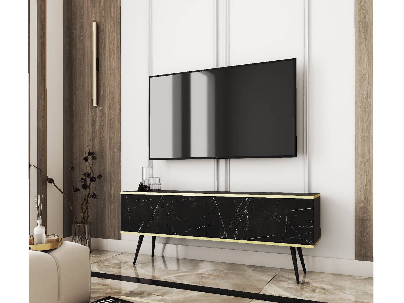 yourhouse24 Lowboard RTV Schrank Oro 135x30x32 Schwarz/Marmor Royal Schwarz von yourhouse24