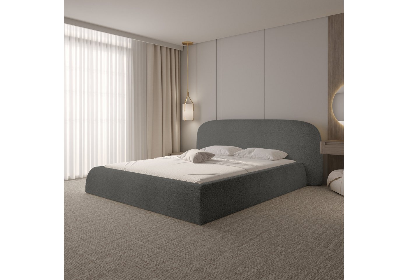 yourhouse24 Polsterbett Bett Atlanta Bouclé mit Stauraum (Lattenrost und Bettkasten inklusive), Hausbett, inkl. Bettkasten, in 3 Farben von yourhouse24