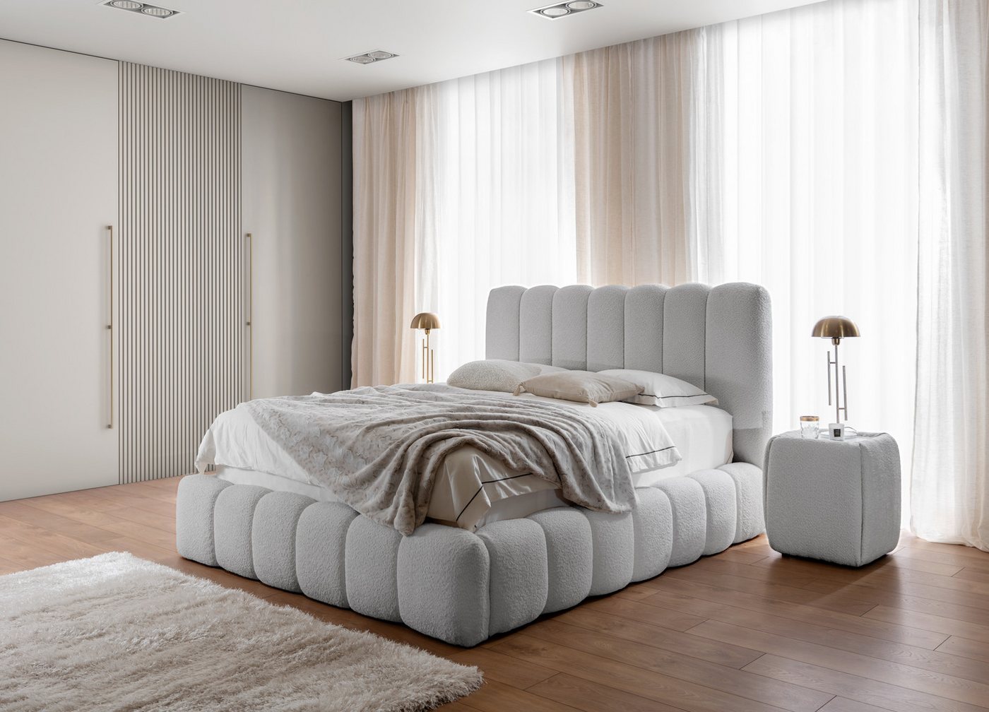 yourhouse24 Polsterbett Cande mit Bettkasten (Bettgestell mit Lattenrost), Bouclé-Stoffbezug, Gepolstertes Kopfteil, Wolkenbett von yourhouse24