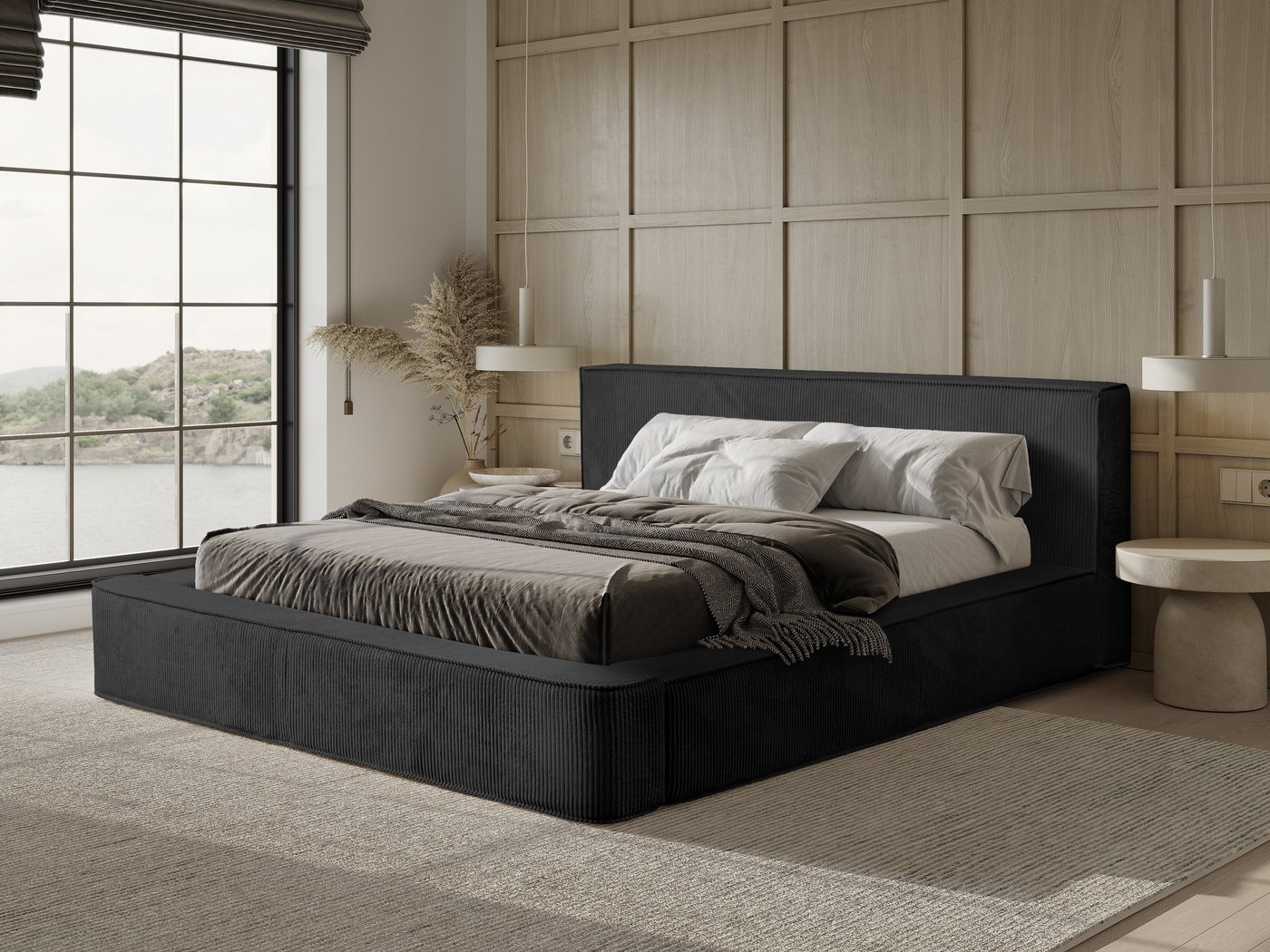 yourhouse24 Polsterbett Harmon Doppelbett Bettgestell Lattenrost mit Bettkasten (Bettgestell mit Lattenrost), Mit Bettkasten, Veloursbezug, Modern, Kopfteil gepolstert von yourhouse24