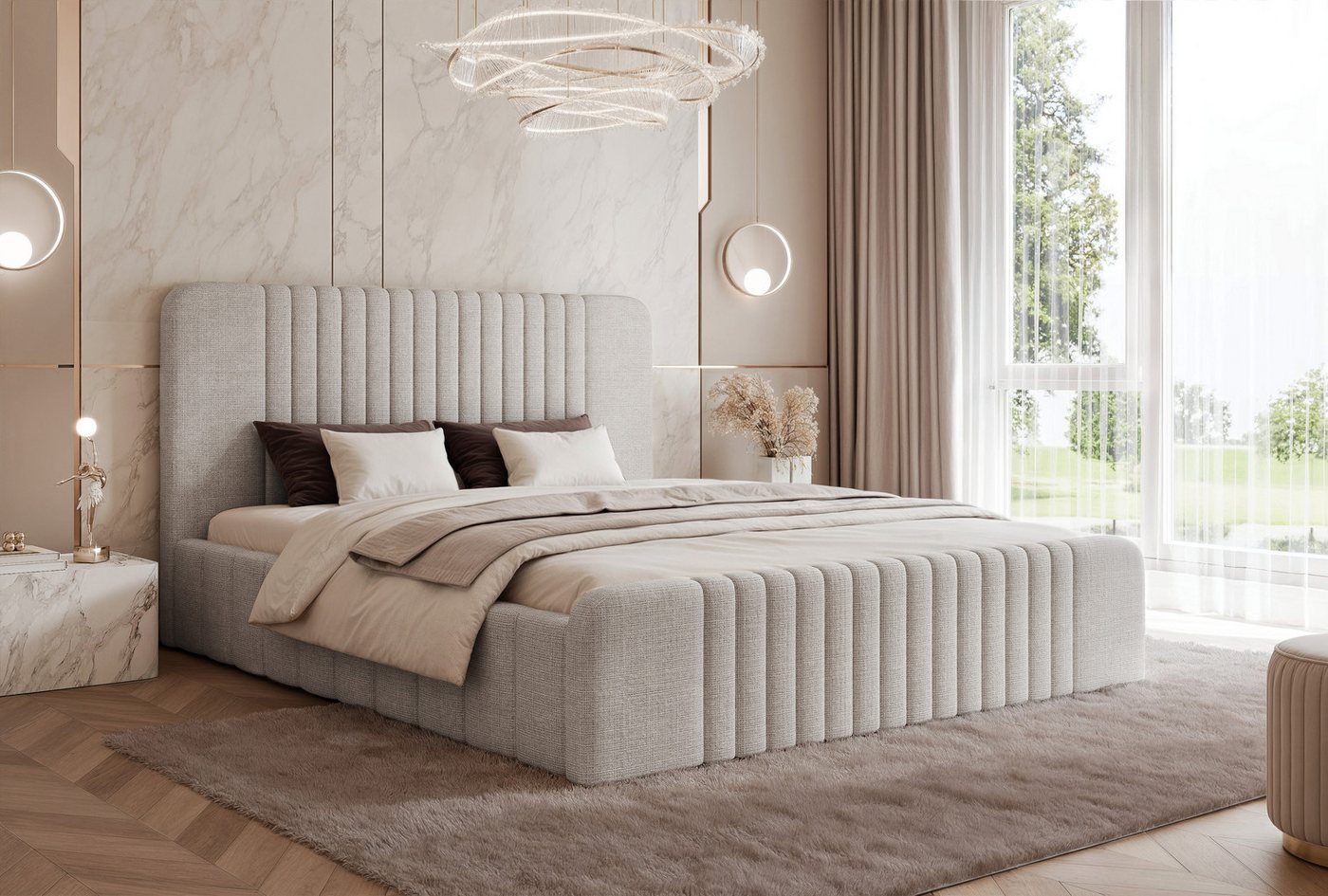 yourhouse24 Polsterbett Paros VII Doppelbett mit Bettkasten (Bettgestell mit Lattenrost), Bouclé,Velvet-Stoffbezug, Gepolstertes Kopfteil von yourhouse24