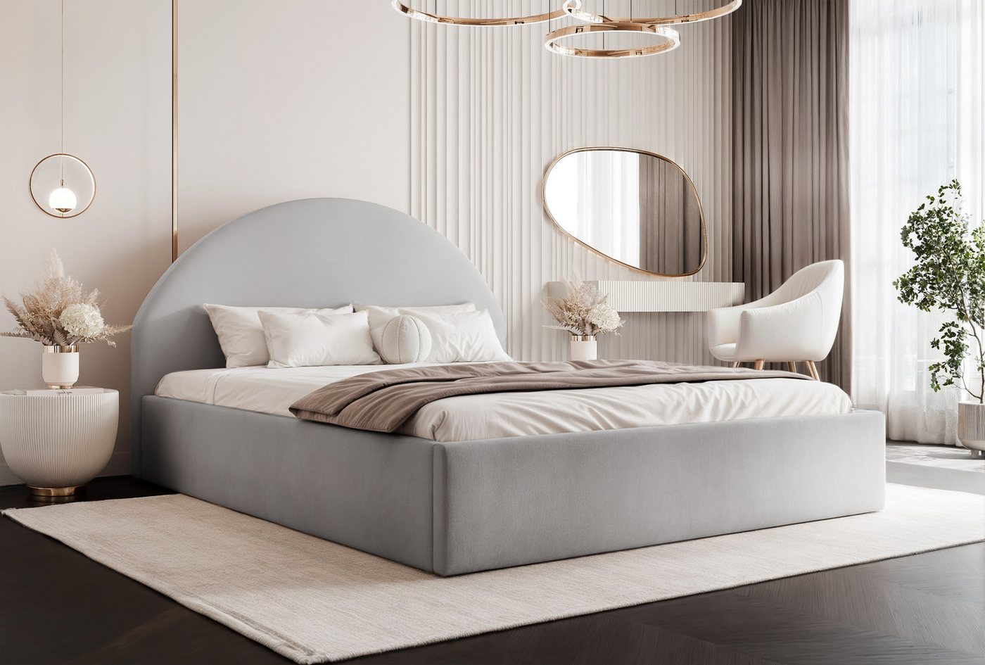 yourhouse24 Polsterbett Paros VIII mit Bettkasten (Bettgestell mit integriertem Bettkasten, 120×200 - 200×200 cm), Bettkasten, Boucle, Sanft abgerundetes Kopfteil von yourhouse24