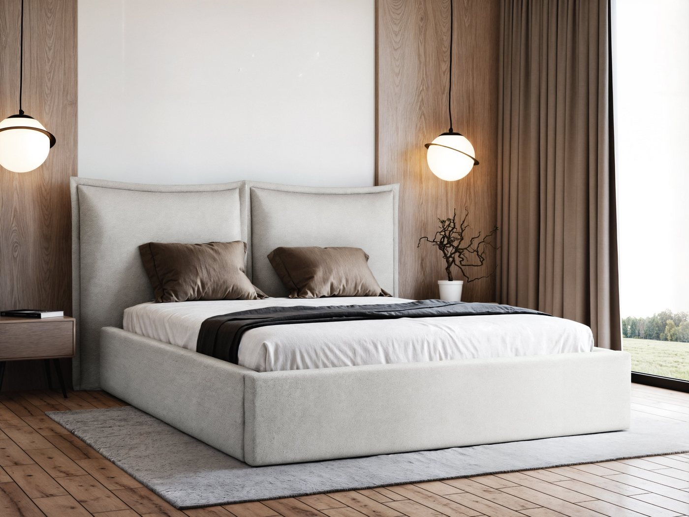 yourhouse24 Polsterbett Werona Doppelbett Bettgestell Lattenrost mit Bettkasten (Bettgestell mit Lattenrost), Mit Bettkasten, Stoff Raven, Modernes Design, Gepolstertes Kopfteil von yourhouse24