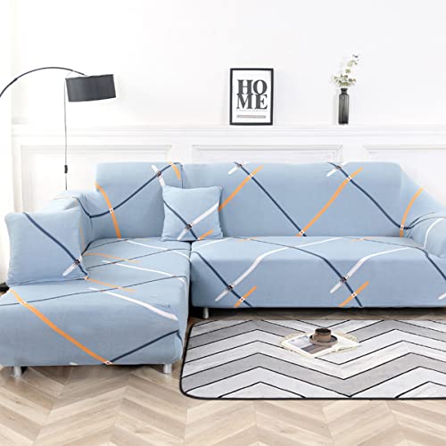 2-teiliges Sofabezug, super dehnbare Sofabezug, L-Form, Sofabezug-Set, bedruckte L-förmige Sofa-Schonbezüge für Haustiere, blau-3 (3 Sitze + 3 Sitze) von youyoucool